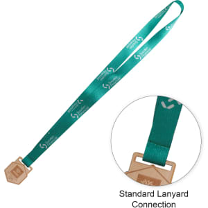 A custom shaped wooden medal in a hexagonal design, attached to a teal RPET lanyard with branding.