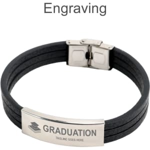 A multi-layer black leather bracelet with a silver clasp and engraved rectangular metal plate.