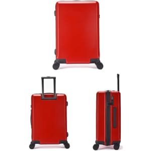 A red wheeled suitcase with a retractable handle and durable wheels, featuring a smooth surface and a logo.