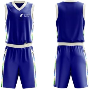 V-neck sleeveless sport jersey in blue with green and white accents, featuring a logo on the front.