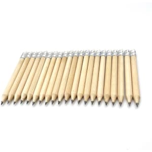 A row of short grey-lead pencils with erasers, featuring a natural wood finish. They are unsharpened and uniform in size.