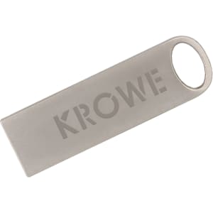 A sleek silver flash drive with a circular hole for attachment and a branding logo etched on the surface.