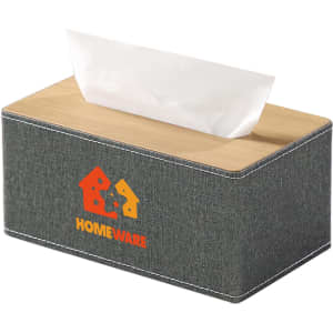 A medium tissue box in grey with wooden lid and a logo, featuring a fabric-like texture.