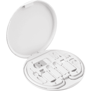 A circular white case containing assorted white charging cables and a USB connector laid out neatly inside.