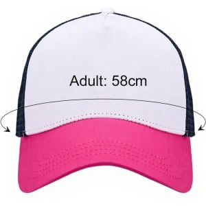 A pink and white premium vintage trucker hat with a dark blue mesh back and a size label of 58cm for adults.