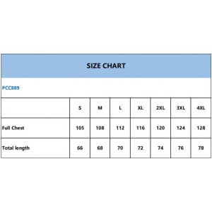 A size chart displaying measurements for a Polyester Spandex Sublimated Stand-Up Collar Quarter-Zip Raglan Jacket in various sizes.