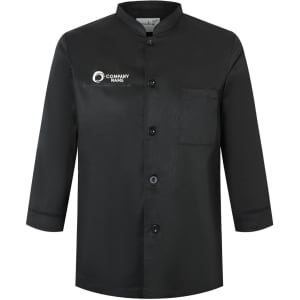 A black, classic 3/4 sleeve, single-breasted chef jacket with a front pocket and a logo on the chest.