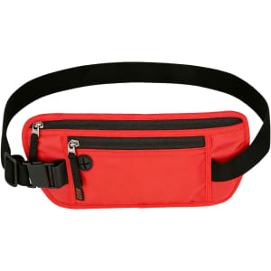 A red fanny pack with black zippers and a black adjustable strap, featuring a logo on the front.
