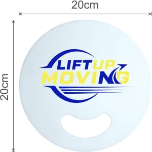 A custom-shaped white PP fan without handles, featuring a logo in blue and yellow. Measures 20cm in diameter.