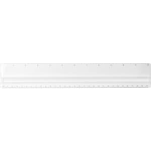 A clear 30cm magnifying ruler with dual scales and a branding logo on it.