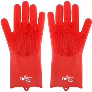 Red silicone cleaning gloves with textured palms, designed for various cleaning tasks. The gloves have a brand logo.