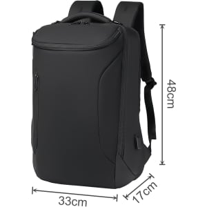 A black waterproof business backpack featuring padded shoulder straps and various compartments, including exterior zippers.
