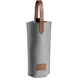 A drink bottle bag made of grey felt with a brown leather handle and accent.