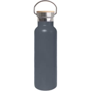 A drink bottle in dark grey with a bamboo lid and stainless steel handle, featuring a logo.