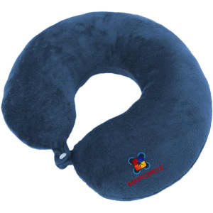 A navy U-shaped travel pillow made of soft fabric, featuring a brand logo.