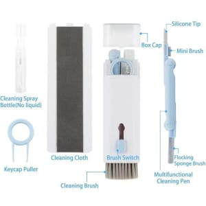 A 7 in 1 cleaning kit featuring a cleaning cloth, spray bottle, brushes, and a keycap puller, in blue and white.