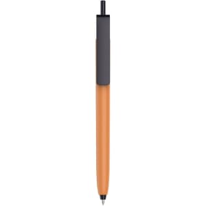 A push button pen with a colour barrel in orange and a black cap, featuring a logo on the barrel.