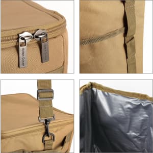 A foldable insulated cooler bag in tan with zippers, straps, and a silver interior. Features a logo on the side.
