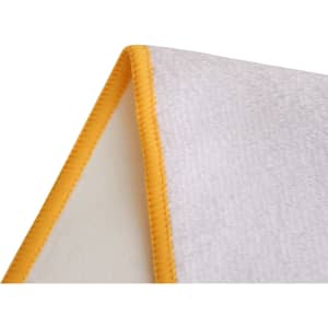 A white sports towel featuring a vibrant yellow trim, designed for leisure and gym use. Includes a logo.