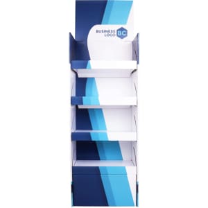 A tall, blue and white cardboard floor display with four shelves and a branded logo at the top.