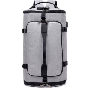 A grey convertible bucket backpack duffel bag with black accents and a logo. Features adjustable straps and zippers.