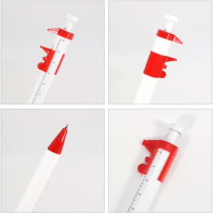 A caliper pen featuring a white body with red accents, including a measurement scale and a clip.