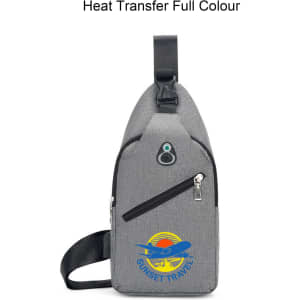 A grey sling chest bag with a front zipper pocket and a logo. Features a single adjustable strap.