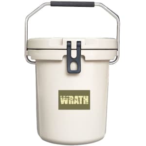 A cream-coloured ice bucket with a black handle and a logo on the front.