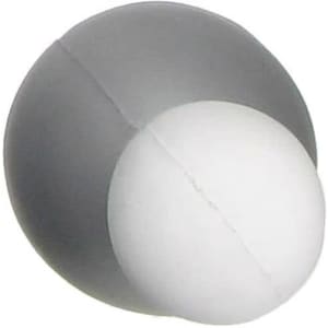A bowling pin-shaped stress reliever in grey and white, featuring a smooth, soft texture and a logo.