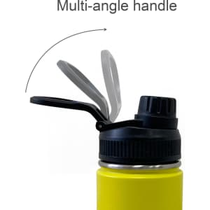 A drink bottle in bright yellow, featuring a black lid and a multi-angle carry handle. It has a logo on the side.