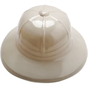 A beige PVC safari hat with a wide brim and rounded crown, featuring a logo.