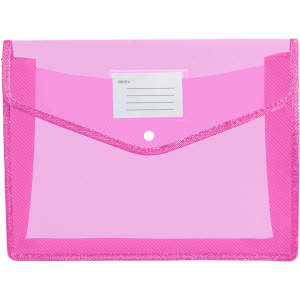 A pink envelope expanding document folder with a transparent front and a button closure. Features a label space on the front.