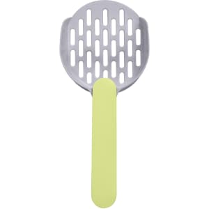A cat litter scoop with a grey head and a yellow handle, featuring slotted holes for sifting.