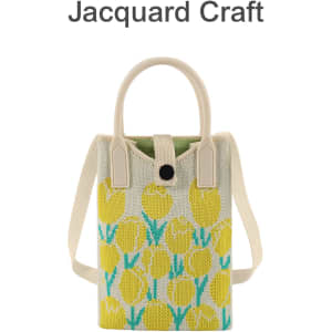 A knitted phone crossbody bag featuring a floral design in yellow and green, with a cream handle and a logo.