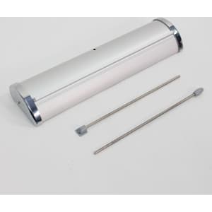 A3 counter top pull-up banner in silver, with two supporting poles for setup. Features a sleek design with a chrome finish.