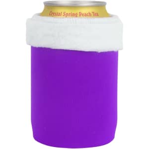 A drink bottle holder in vibrant purple with a white fleece top, designed for keeping beverages cool.