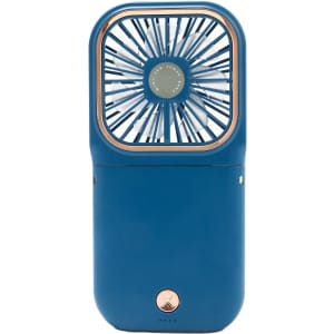 A blue folding neck fan with a phone stand and a central fan blade design, featuring a logo on the front.