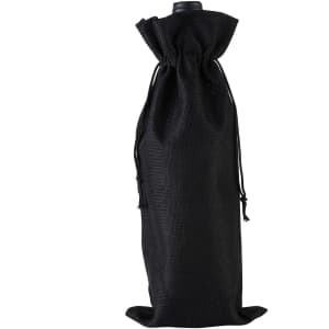 A wine drawstring bag in black, made of textured material, featuring a cinched closure and a small logo.
