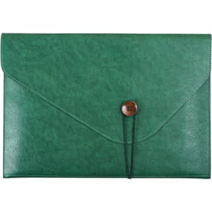 A green PU leather folder with a button closure and elastic strap. It features a smooth textured surface.