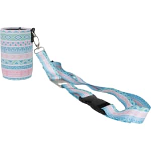 A drink bottle holder in pastel colours with a patterned design and a detachable strap. It includes a bottle opener.