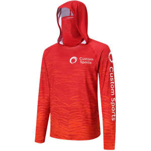 A red polyester spandex hoodie featuring a hood and long sleeves, with a logo on the front and sleeve.