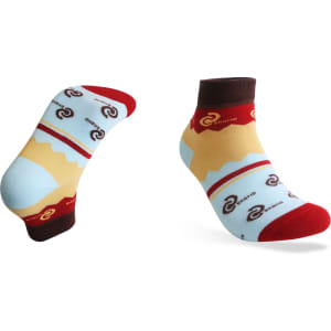 Ankle socks featuring a custom pattern in blue, yellow, and red with a logo design.