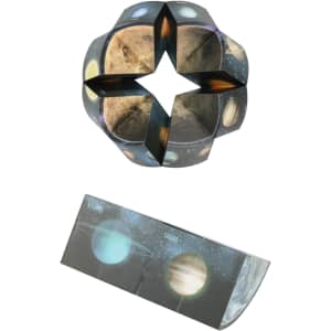 A 3D puzzle disc featuring images of planets, with a star shape and vibrant colour design. It includes a foldable component.