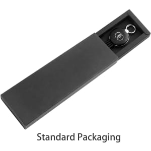 A round-shaped light-up multi charging cable in standard packaging, featuring a keyring attachment in black.