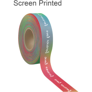 A roll of rainbow satin polyester ribbon in various colours, with a subtle branded logo visible.