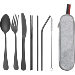 A stainless steel flatware set in black, featuring a spoon, fork, knife, chopsticks, straw, cleaner, and carrying case.