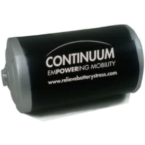 A black and silver battery-shaped stress reliever with a logo on one side.