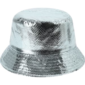 A silver bucket hat with a shiny, glittery finish and a textured surface. It features a logo.