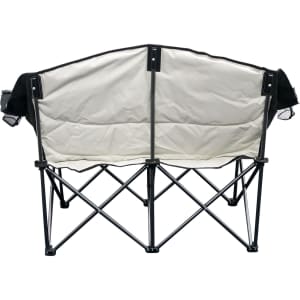 A foldable portable camping chair in black and cream, featuring a sturdy metal frame and backrest.