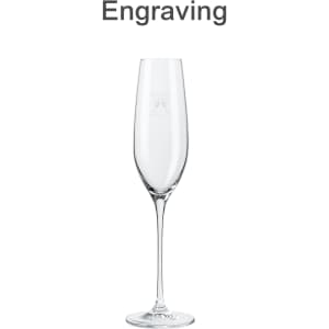 A classic champagne flute made of clear glass, features a tall, slender shape and a fine stem. It includes a logo.